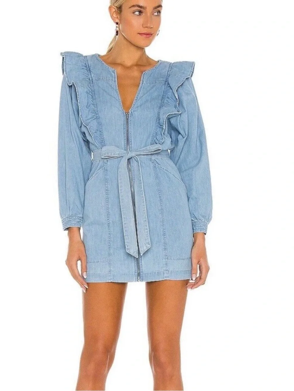 Free People Light Blue Denim Ruffle Mini Dress with Tie Waist